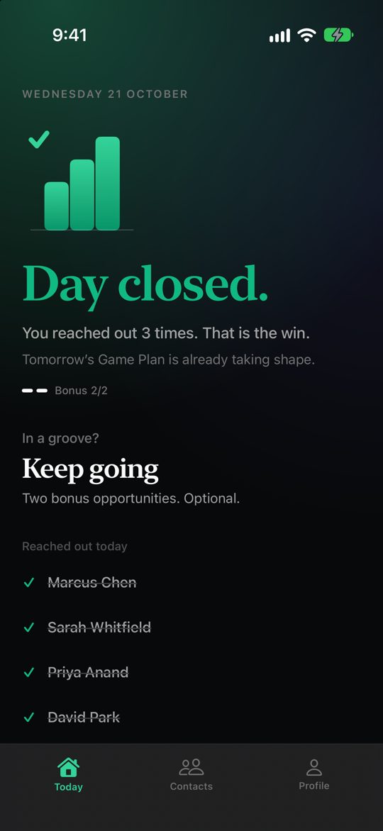 CLOSE Today screen showing the daily Game Plan